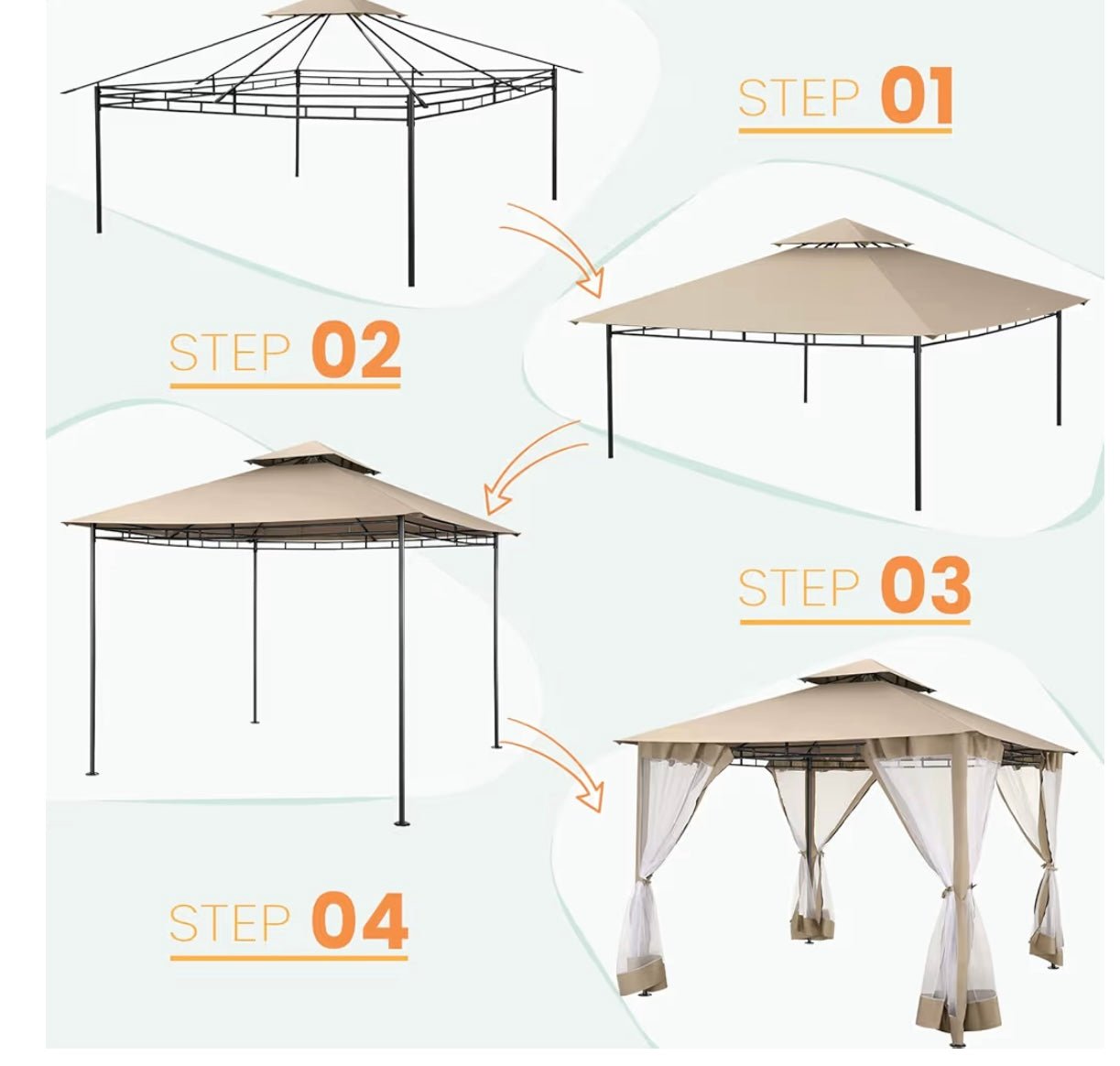 Gazebo Parts Direct Gazebo 10x10 Heavy Duty Gazebos with Improved Nettings Outdoor Gazebo Double Roof Patio Gazebos with Metal Steel Frame Outdoor Canopy for Patio, Deck, Backyard (Khaki)