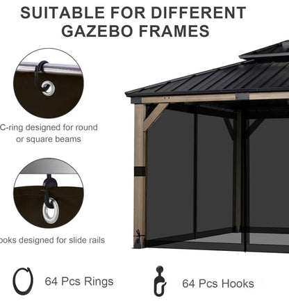 12' x 12' Gazebo Universal Mosquito Netting Screen Replacement, 4-Panel Mesh Screen Walls with Double Zippers for Outdoor Patio, Black (Mosquito Net Only)