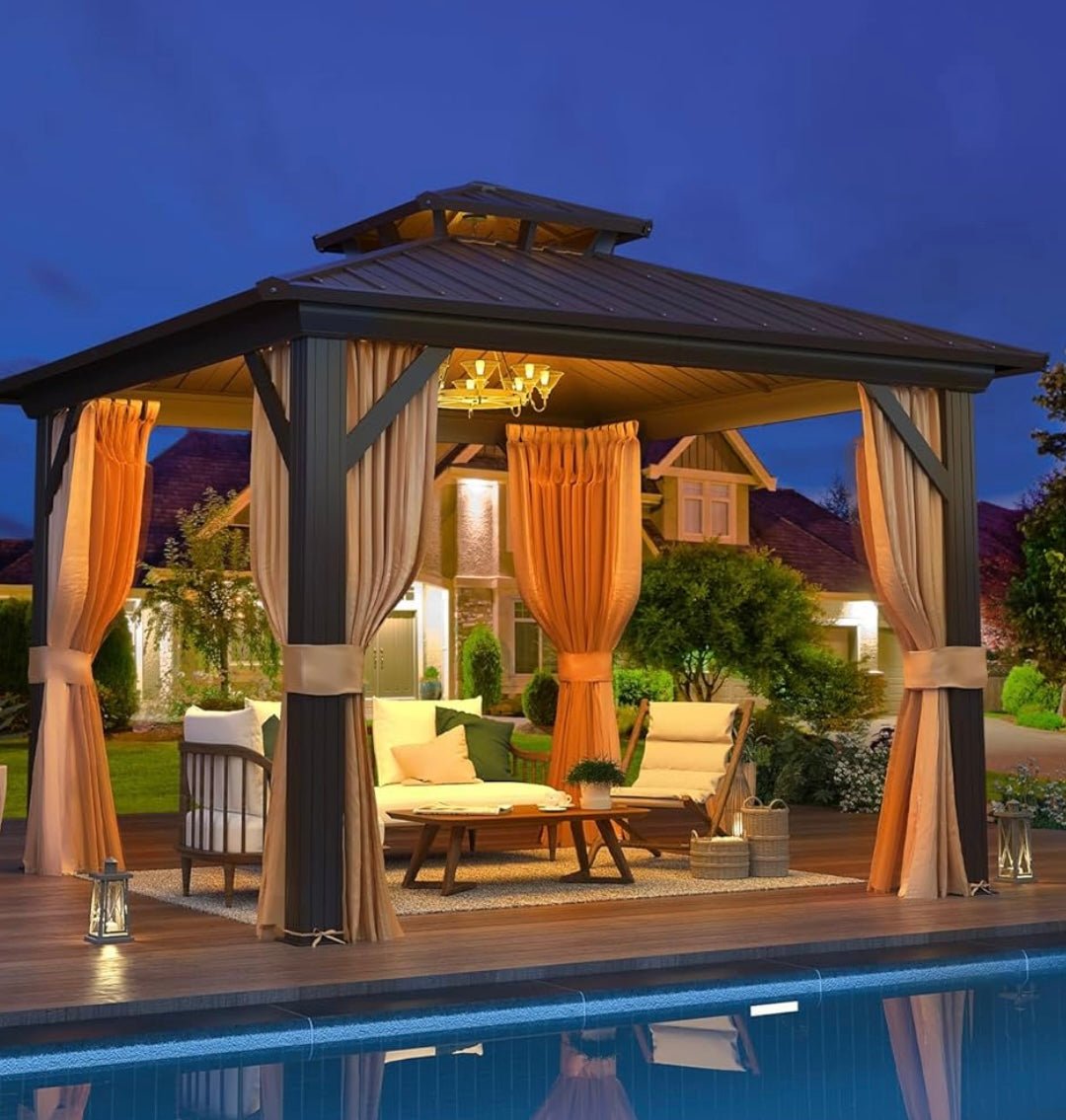 10' x 12’ Hardtop Gazebo with Aluminum Frame and Galvanized Steel Double Roof
Gazebos, Permanent, Outdoor, Metal Pavilion, with Curtain and Netting, for Patio, Lawn, Deck