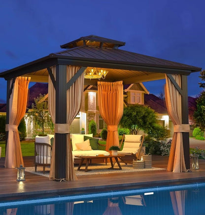 10' x 12’ Hardtop Gazebo with Aluminum Frame and Galvanized Steel Double Roof
Gazebos, Permanent, Outdoor, Metal Pavilion, with Curtain and Netting, for Patio, Lawn, Deck