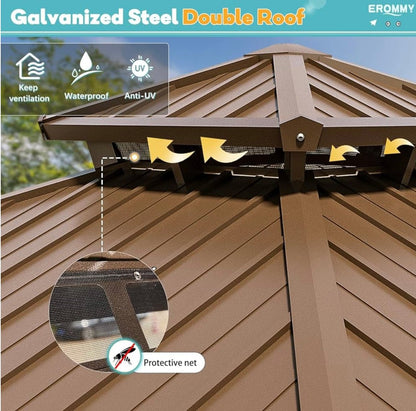 10' x 10' Hardtop Gazebo with Aluminum Frame and Galvanized Steel Double Roof
Gazebos, Permanent, Outdoor, Metal Pavilion, with Curtain and Netting, for Patio, Lawn, Deck