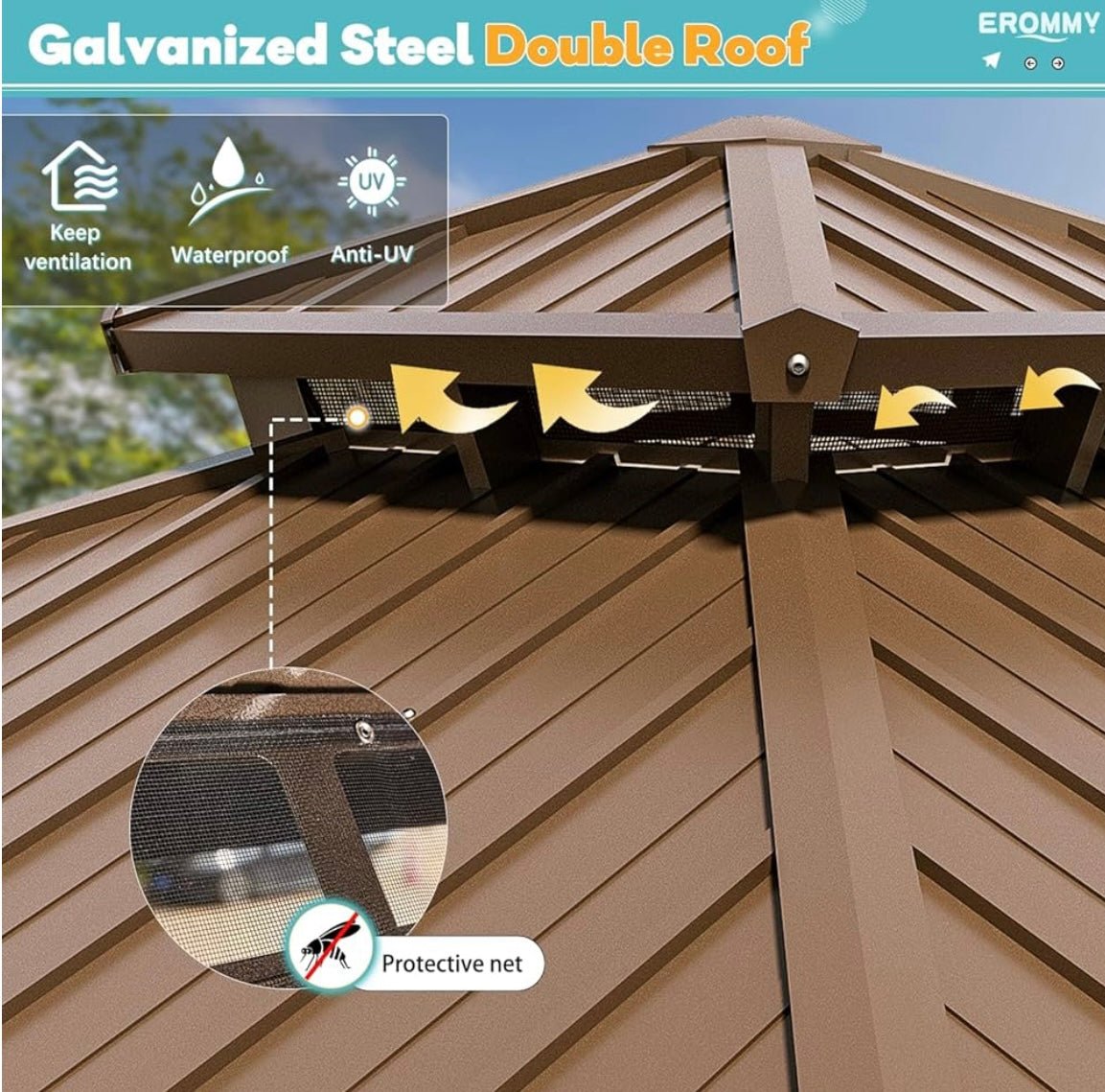 10' x 12’ Hardtop Gazebo with Aluminum Frame and Galvanized Steel Double Roof
Gazebos, Permanent, Outdoor, Metal Pavilion, with Curtain and Netting, for Patio, Lawn, Deck