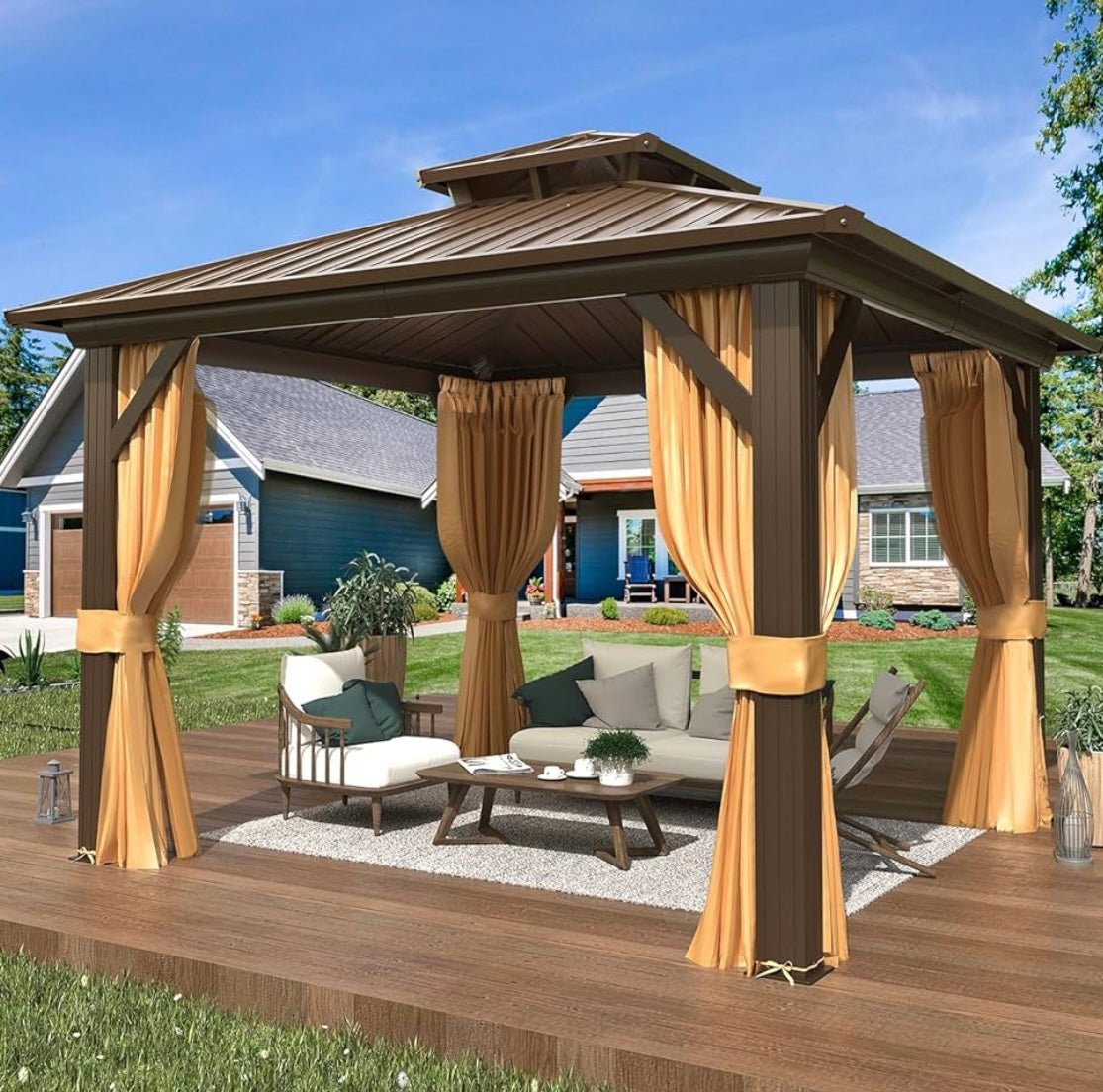 10' x 12’ Hardtop Gazebo with Aluminum Frame and Galvanized Steel Double Roof
Gazebos, Permanent, Outdoor, Metal Pavilion, with Curtain and Netting, for Patio, Lawn, Deck