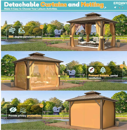 12’x14’ Hardtop Gazebo with Aluminum Frame and Galvanized Steel Double Roof
Gazebos, Permanent, Outdoor, Metal Pavilion, with Curtain and Netting, for Patio, Lawn, Deck