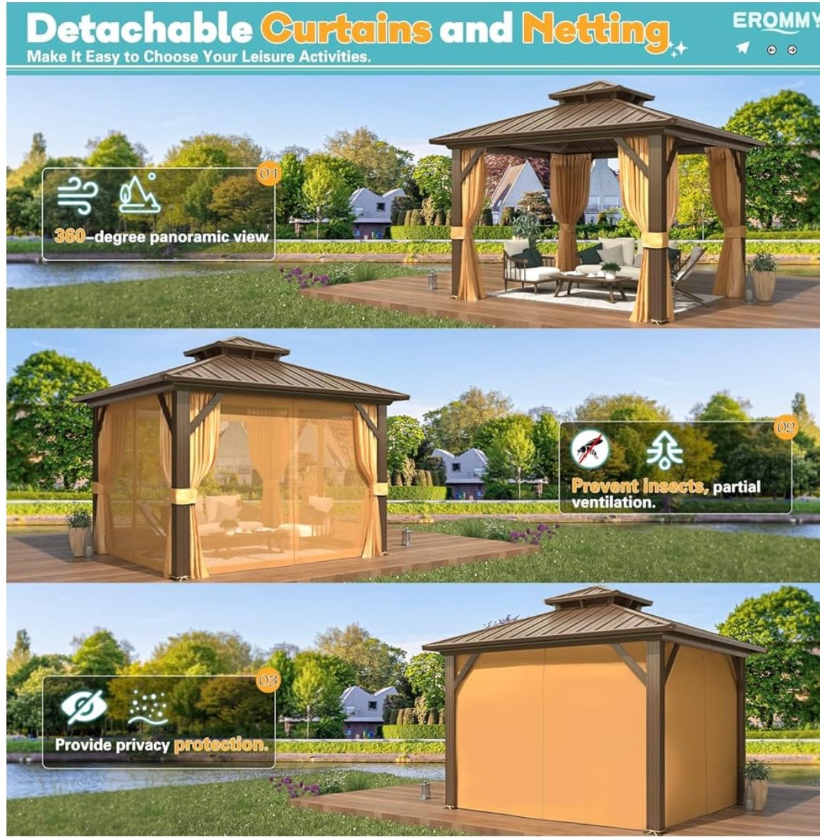 10' x 12’ Hardtop Gazebo with Aluminum Frame and Galvanized Steel Double Roof
Gazebos, Permanent, Outdoor, Metal Pavilion, with Curtain and Netting, for Patio, Lawn, Deck