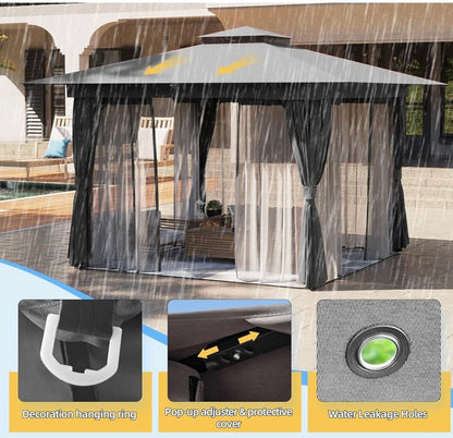 8'x8' Outdoor Gazebo for Patio, Heavy Duty Party Tent with Double Roofs, Outdoor Canopy with Curtains and Nettings for Deck, Lawn and Backyard, Grey